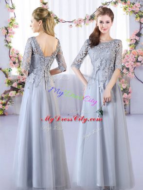 Sweet V-neck Sleeveless Bridesmaid Dresses Floor Length Appliques Grey Tulle