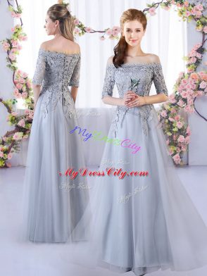 Sweet V-neck Sleeveless Bridesmaid Dresses Floor Length Appliques Grey Tulle