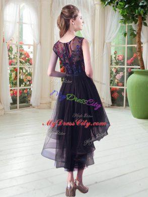 Dynamic Black A-line Tulle Scoop Sleeveless Appliques High Low Zipper Prom Evening Gown