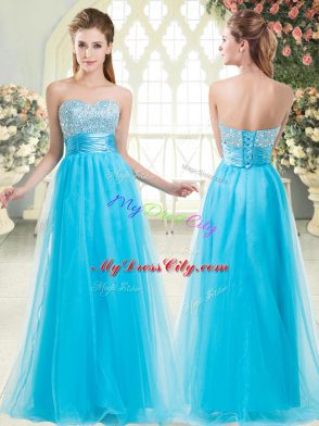 Aqua Blue Tulle Lace Up Prom Evening Gown Sleeveless Floor Length Beading