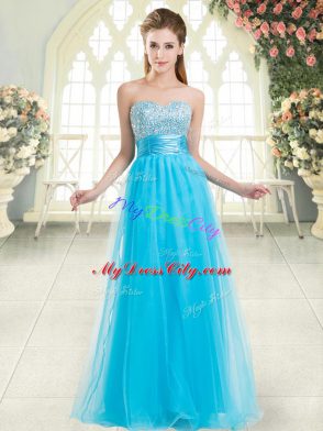 Aqua Blue Tulle Lace Up Prom Evening Gown Sleeveless Floor Length Beading