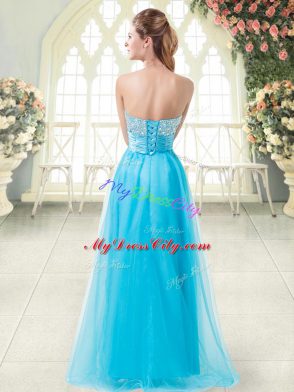 Aqua Blue Tulle Lace Up Prom Evening Gown Sleeveless Floor Length Beading