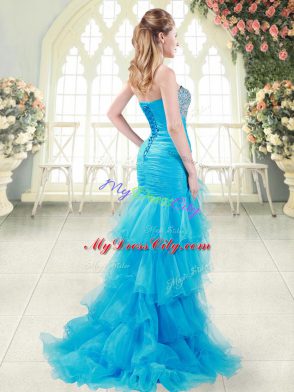 Aqua Blue Lace Up Sweetheart Beading and Ruffled Layers Prom Party Dress Organza Sleeveless Brush Train