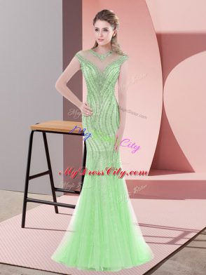 Inexpensive Apple Green Cap Sleeves Tulle Sweep Train Zipper Prom Dress for Prom and Party and Military Ball