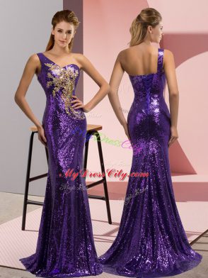 Purple Lace Up Prom Evening Gown Beading and Appliques Sleeveless Sweep Train