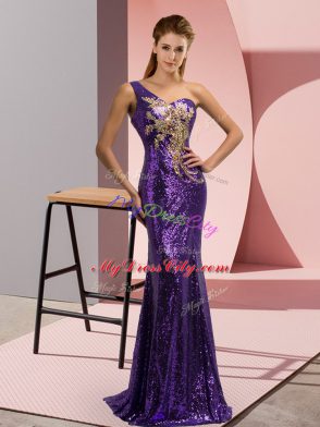 Purple Lace Up Prom Evening Gown Beading and Appliques Sleeveless Sweep Train