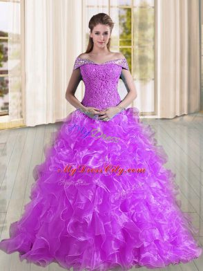 Classical Purple Organza Lace Up Quinceanera Gown Sleeveless Sweep Train Beading and Lace and Ruffles