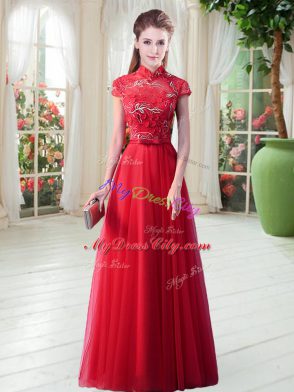 Dynamic Red A-line Tulle High-neck Cap Sleeves Appliques Floor Length Lace Up Prom Evening Gown