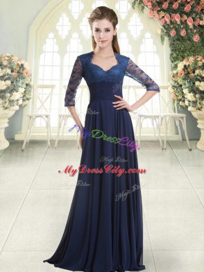 Blue Prom Party Dress Satin Sweep Train Long Sleeves Pick Ups