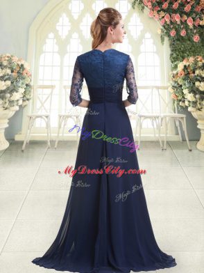 Blue Prom Party Dress Satin Sweep Train Long Sleeves Pick Ups