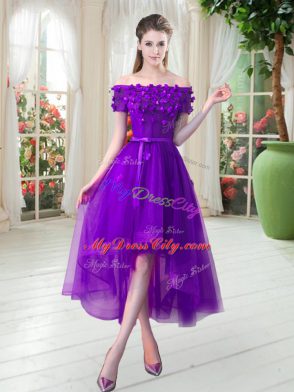 Off The Shoulder Short Sleeves Prom Dresses High Low Appliques Purple Tulle