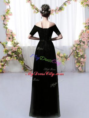 Off The Shoulder Short Sleeves Dama Dress Floor Length Ruching Black Chiffon