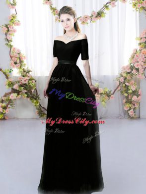 Off The Shoulder Short Sleeves Dama Dress Floor Length Ruching Black Chiffon