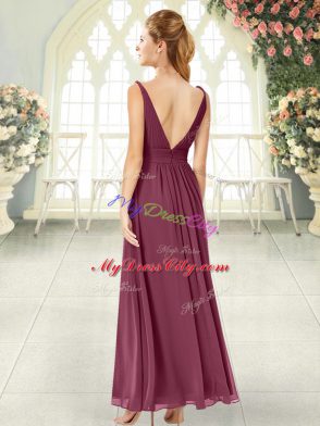 Wonderful Empire Prom Dress Purple V-neck Chiffon Sleeveless Ankle Length Zipper