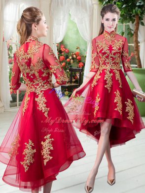 Stunning High-neck Half Sleeves Prom Party Dress High Low Appliques Red Tulle