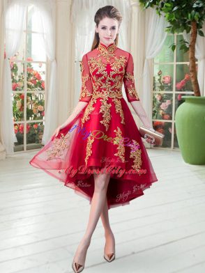 Stunning High-neck Half Sleeves Prom Party Dress High Low Appliques Red Tulle