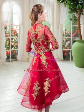 Stunning High-neck Half Sleeves Prom Party Dress High Low Appliques Red Tulle