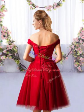 Custom Designed Knee Length Red Bridesmaid Gown Tulle Sleeveless Ruching