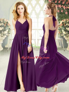 Floor Length Backless Prom Dress Purple for Prom and Party with Ruching