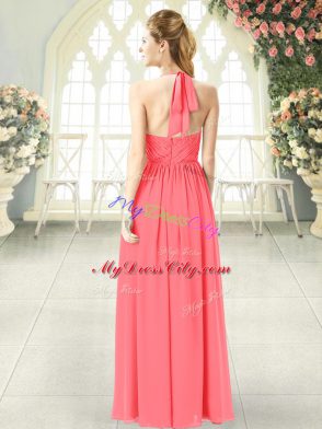 Exquisite Watermelon Red Empire Chiffon Halter Top Sleeveless Ruching Floor Length Zipper Evening Dress