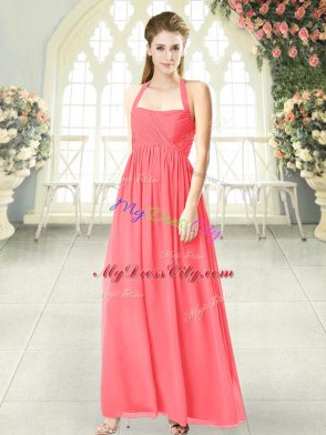 Exquisite Watermelon Red Empire Chiffon Halter Top Sleeveless Ruching Floor Length Zipper Evening Dress