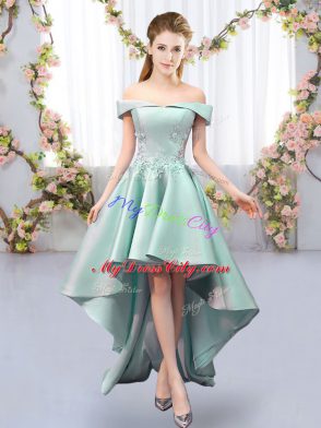 Off The Shoulder Sleeveless Lace Up Dama Dress for Quinceanera Apple Green Satin