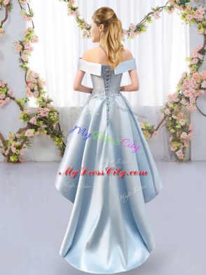 Off The Shoulder Sleeveless Lace Up Dama Dress for Quinceanera Apple Green Satin