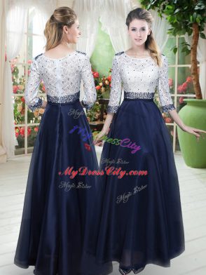 Ideal Scoop 3 4 Length Sleeve Dress for Prom Floor Length Beading and Lace Navy Blue Organza