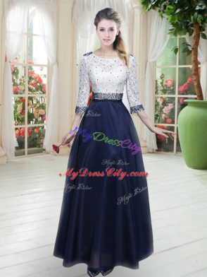 Ideal Scoop 3 4 Length Sleeve Dress for Prom Floor Length Beading and Lace Navy Blue Organza