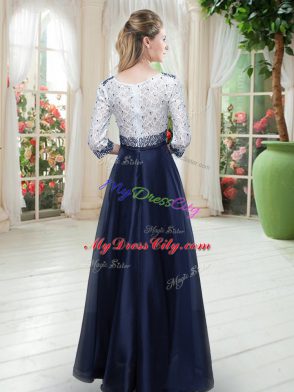 Ideal Scoop 3 4 Length Sleeve Dress for Prom Floor Length Beading and Lace Navy Blue Organza