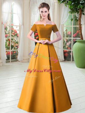 Gold Satin Lace Up Off The Shoulder Short Sleeves Floor Length Belt