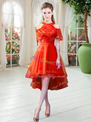 Latest Rust Red Short Sleeves Lace High Low Prom Party Dress