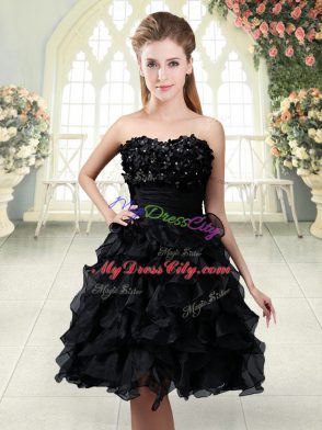 Organza Sweetheart Sleeveless Side Zipper Beading and Appliques and Ruffles Prom Dresses in Black