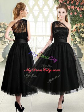 Tea Length Black Prom Party Dress One Shoulder Sleeveless Side Zipper