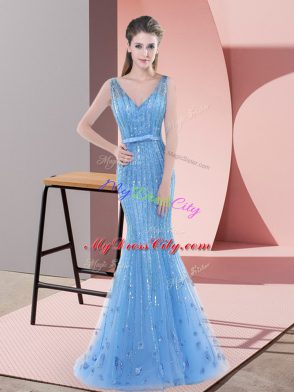 Baby Blue V-neck Neckline Beading and Sequins Womens Evening Dresses Sleeveless Backless