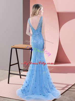 Baby Blue V-neck Neckline Beading and Sequins Womens Evening Dresses Sleeveless Backless