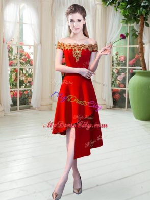 Beautiful Red Satin Zipper Homecoming Dress Sleeveless Asymmetrical Appliques