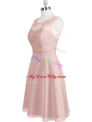 Noble Scoop Sleeveless Prom Dresses Mini Length Lace Baby Pink Chiffon