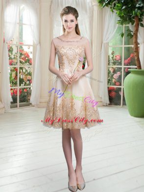 Glamorous Scoop Sleeveless Dress for Prom Knee Length Beading and Appliques Champagne Tulle