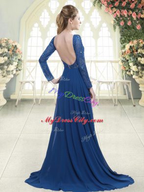 Blue Long Sleeves Sweep Train Beading and Lace