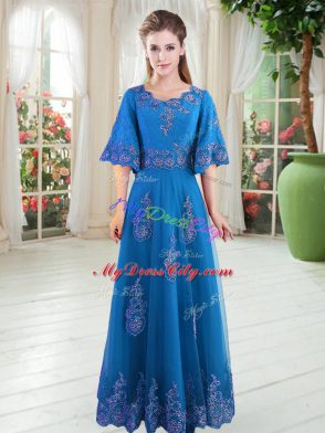 A-line Prom Gown Blue Scoop Tulle Half Sleeves Floor Length Lace Up