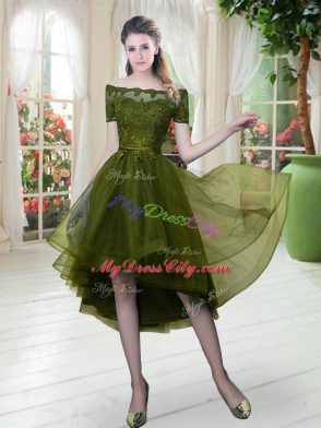 Dramatic Short Sleeves Tulle High Low Lace Up Homecoming Dress in Olive Green with Lace