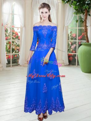 Discount A-line Prom Dress Royal Blue Off The Shoulder Tulle 3 4 Length Sleeve Floor Length Lace Up