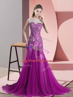 Sleeveless Sweep Train Backless Beading and Appliques Prom Party Dress