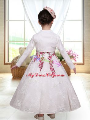 White Sleeveless Ankle Length Embroidery Zipper Flower Girl Dress