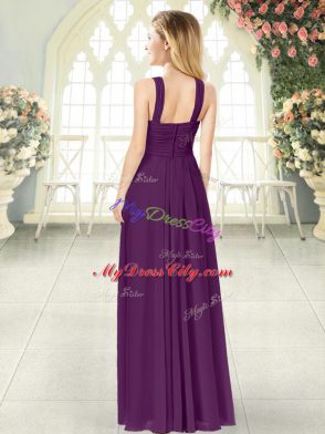 Fancy Floor Length Zipper Prom Evening Gown Purple for Prom and Party with Ruching