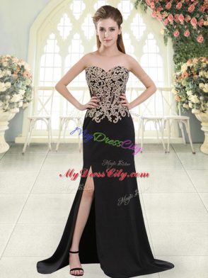 Beading and Appliques Prom Dresses Black Zipper Sleeveless Sweep Train