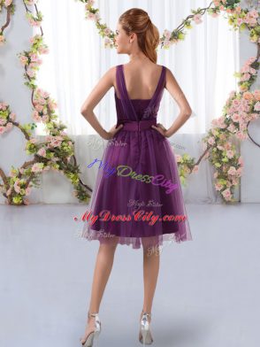 Eye-catching Purple Sleeveless Appliques Knee Length Quinceanera Court of Honor Dress