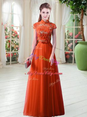 Tulle High-neck Cap Sleeves Lace Up Appliques Dress for Prom in Orange Red