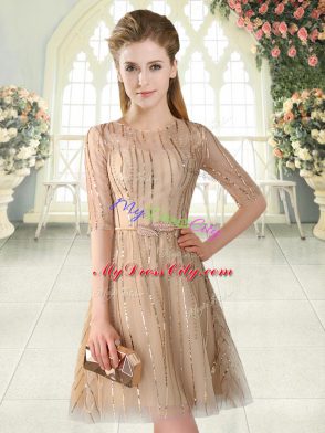 Champagne Scoop Neckline Sequins Dress for Prom Half Sleeves Zipper